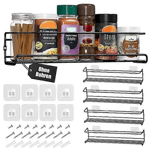 Set of 4 Wall Mounted Metal Spice Racks for Hanging with Glue or Screw Mounting Black