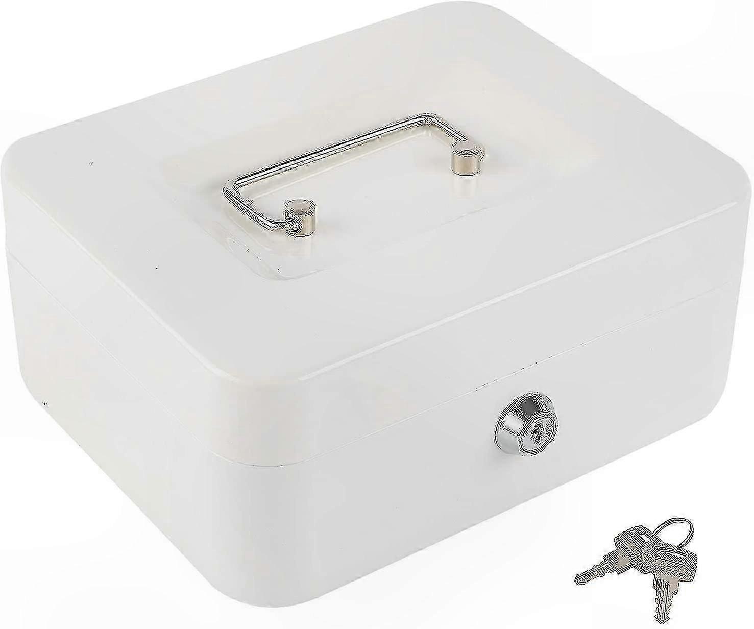 White Medium Cash Box with Lock and Tray, 7.87"x6.30"x3.54", Secure Storage for Money and Valuables