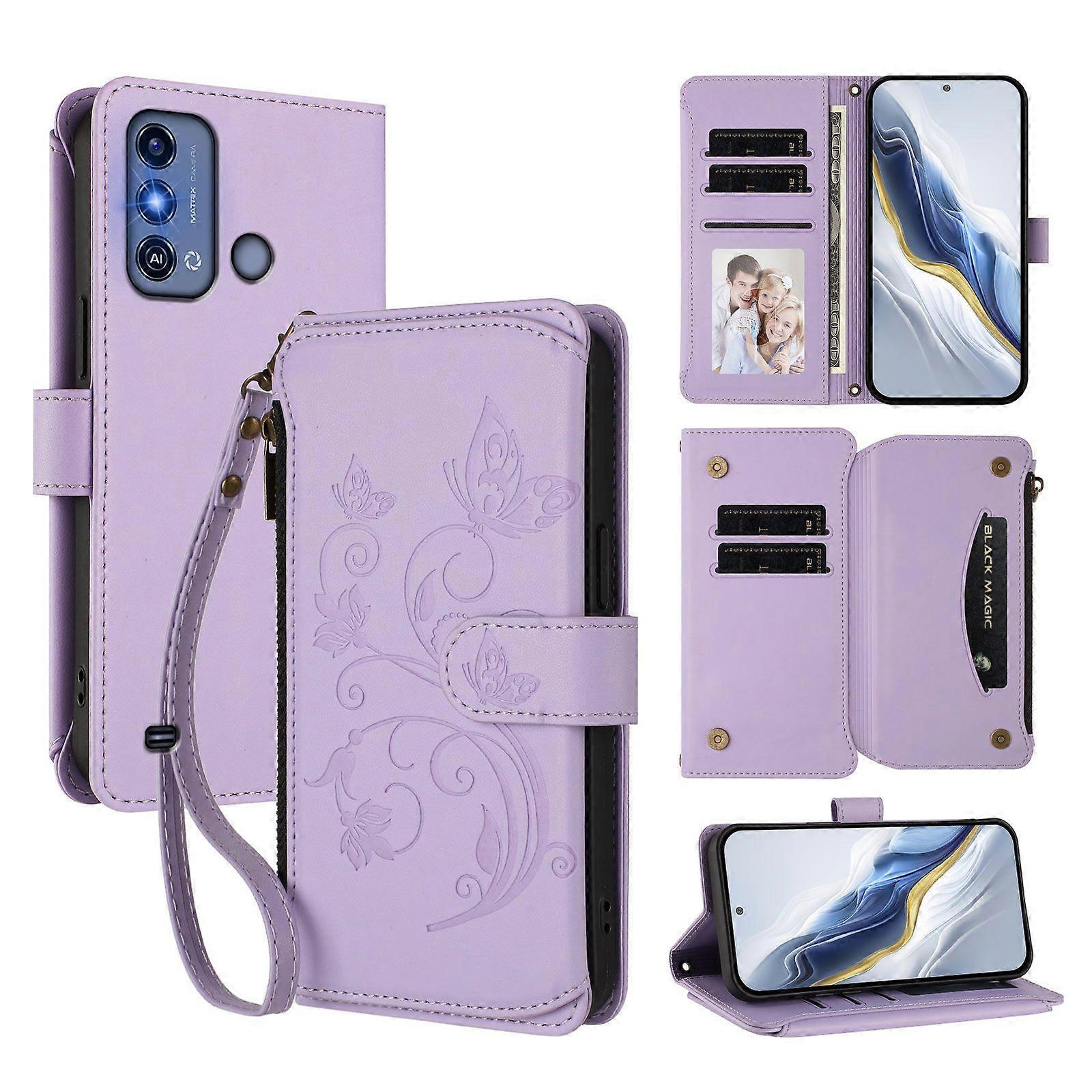 Wallet Flip Phone Cover for ZTE Blade A53 Pro Embroidered Butterfly 5 Card Holder Rope Zippered Bag Comptible with ZTE Blade A53 Pro