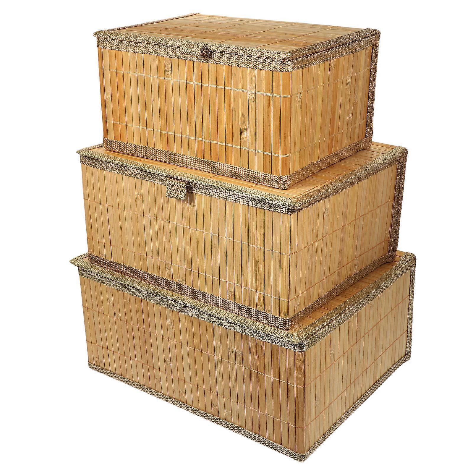 Basket with Cover 3Pcs Khaki Bamboo Storage Boxes Versatile Storage Sizes for Restaurant Use