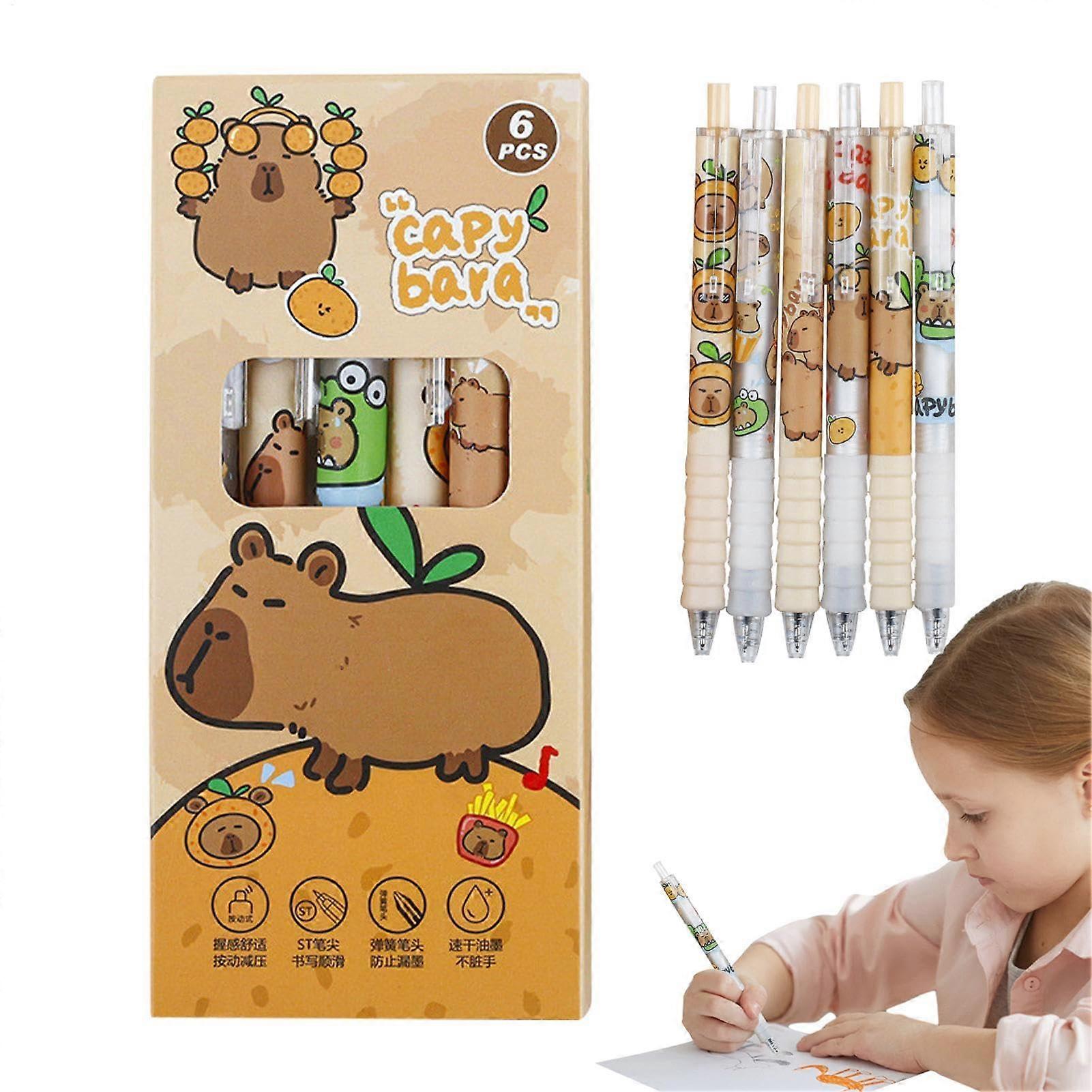 Capybara Retractable Ballpoint Pen Set of 6 - Cute Gel Rollerball Writing Pens with Fine Tip for Journaling and Sketching