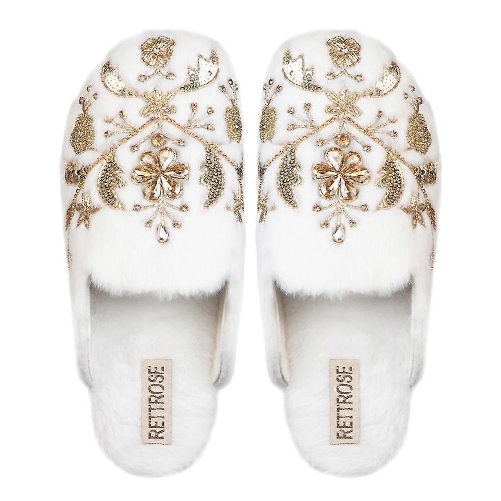 The annie cream luxury handmade women’s slippers – faux fur front-covered, comfortable, white & cream diamanté embellished