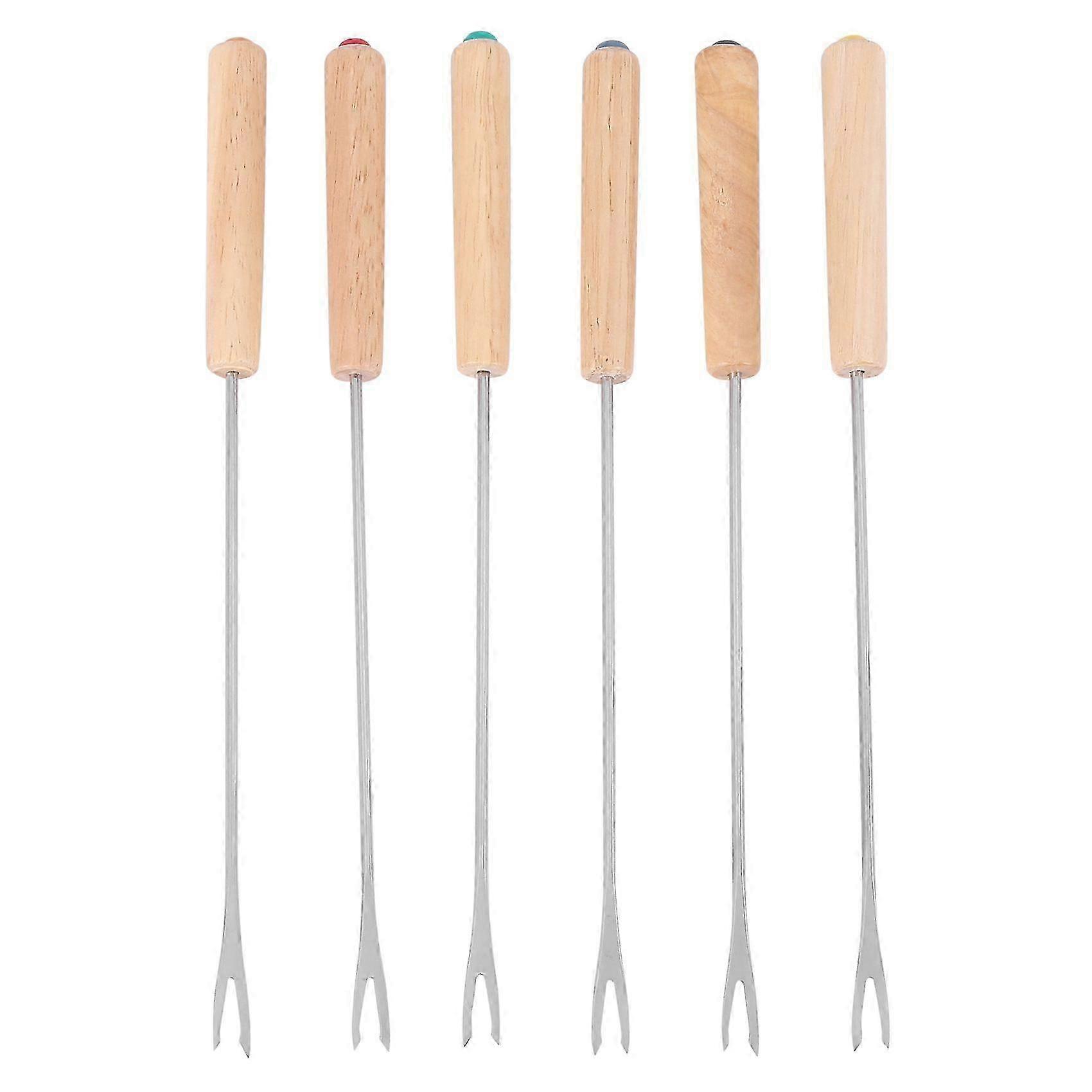 Stainless Steel Color Coding Chocolate Fountain Cheese Fondue Forks with Oak Wood Handle Heat Resistant, Skewers Marshmallow Roasting Sticks, 9.5Inch