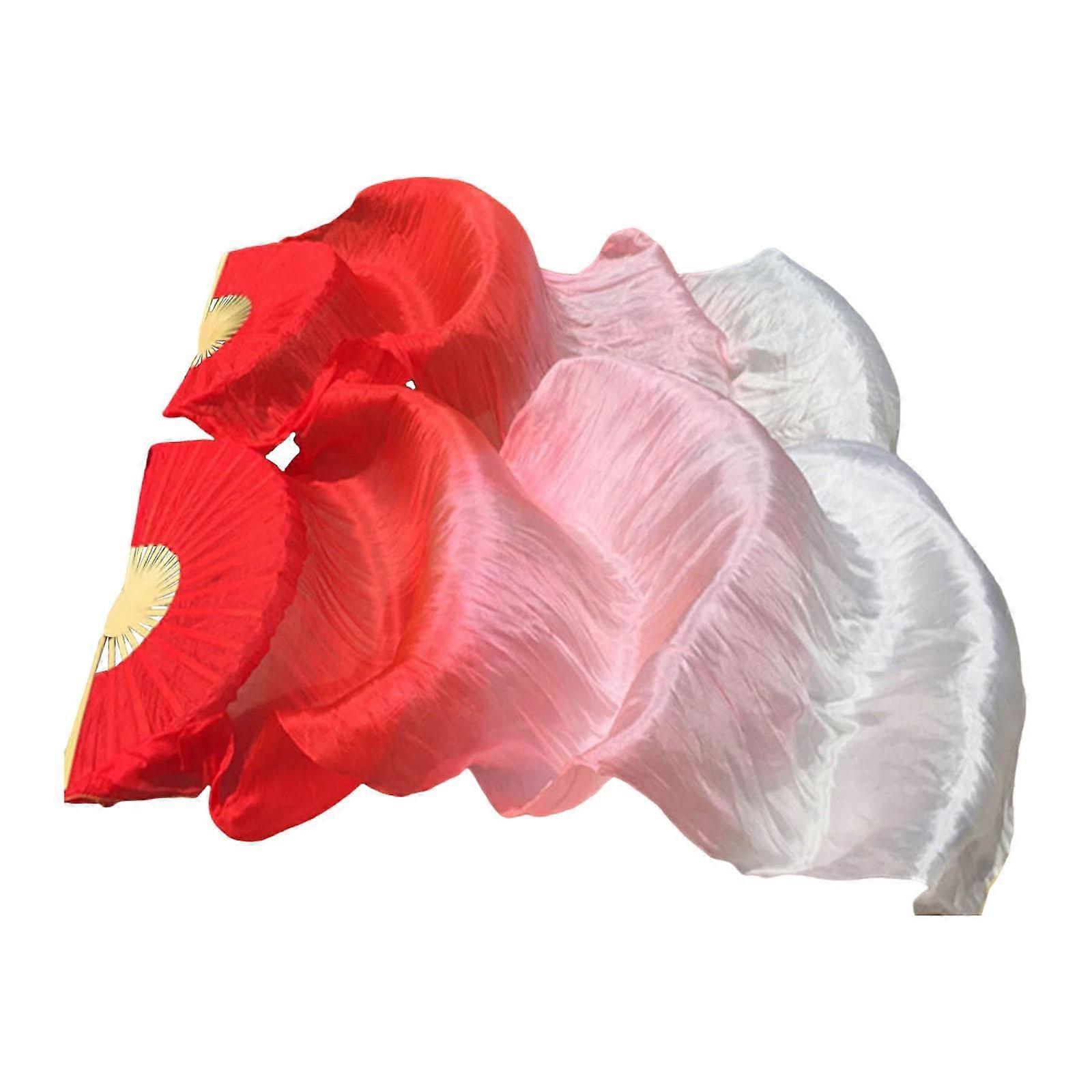 Silk Belly Dance Fan Red to White - Foldable Bamboo Long Veils for Stage Performances and Dance Recitals