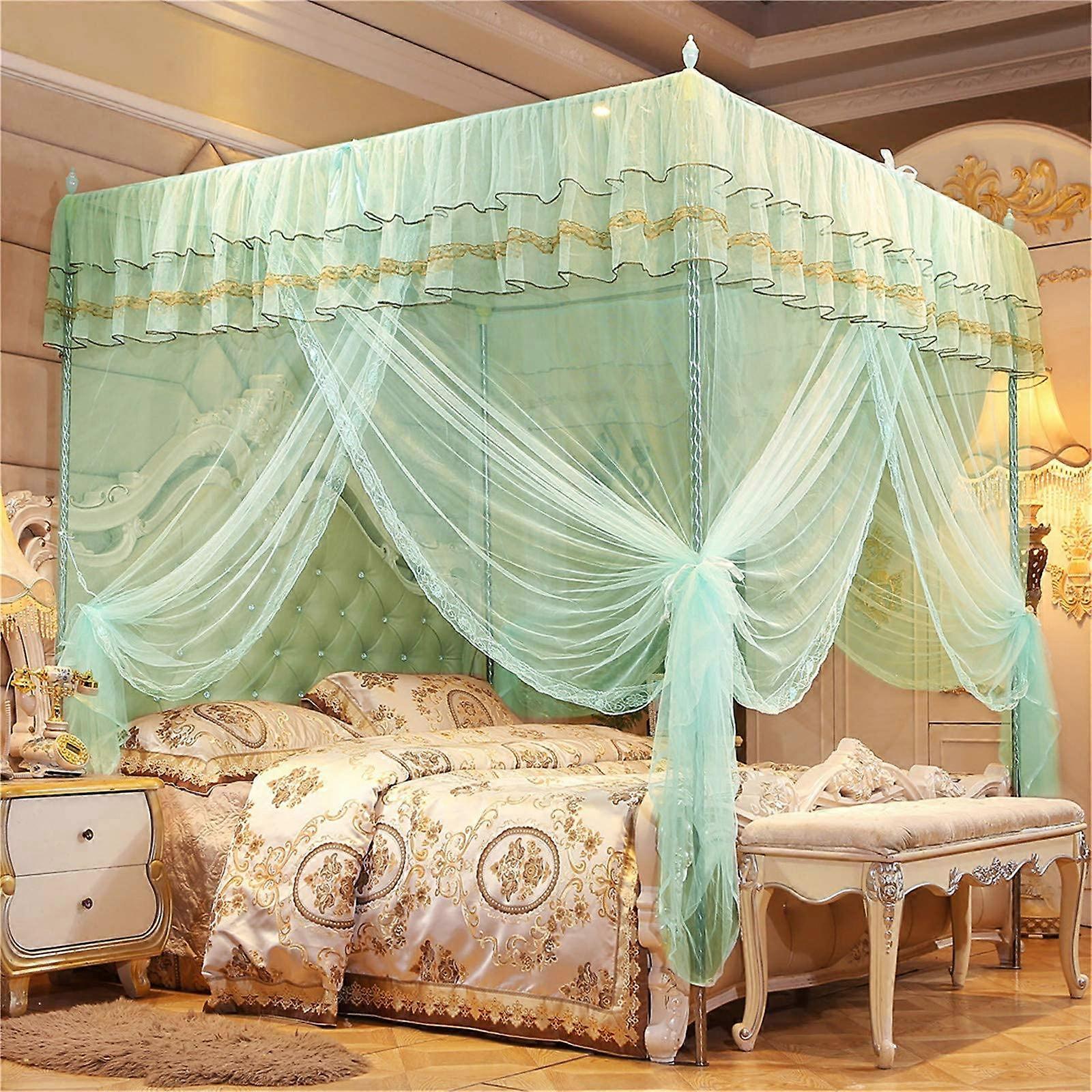 Bed Curtains Canopy Princess Ruffle Tassel 4Corner Post Mosquito Net 1.2m x 2m Water Green For Kids Bedroom