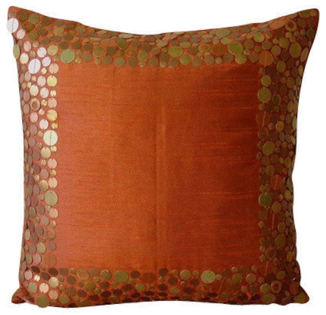 Pillow Case Zip, Rust, Metal Sequins Bordered, 14x14 inch (35x35 cm), Square Silk Cover, Modern Rust Glamor