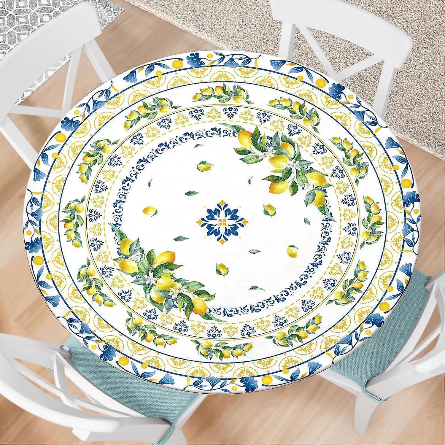 2025 Latest Model Lemon Round Fitted Tablecloth with Elastic Edge Summer Outdoor