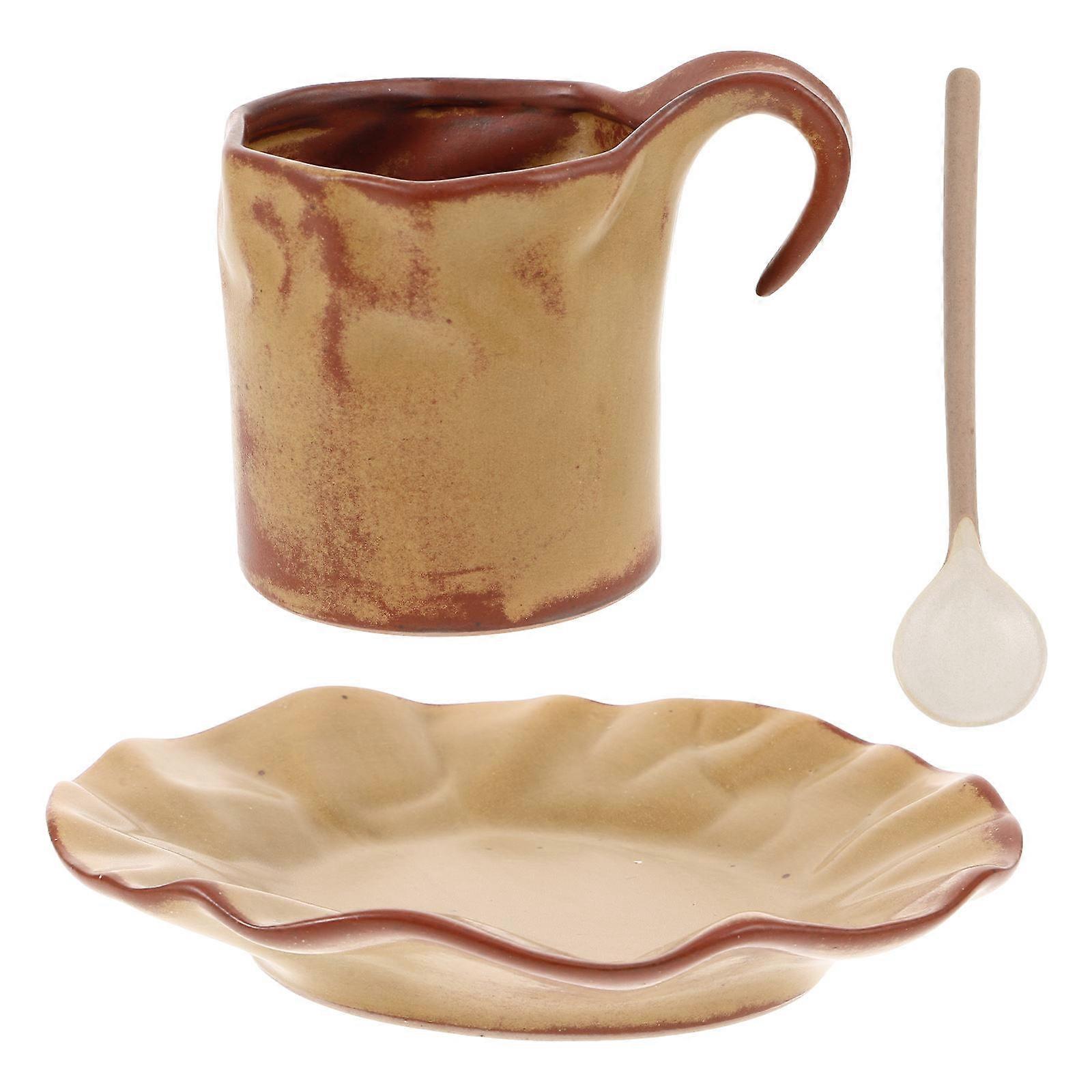 Ceramic Cup For Afternoon Tea Indoor Drinking Mug With Saucer Spoon Simple Design Coffee Color 9.50X7.00X7.00CM 1Set
