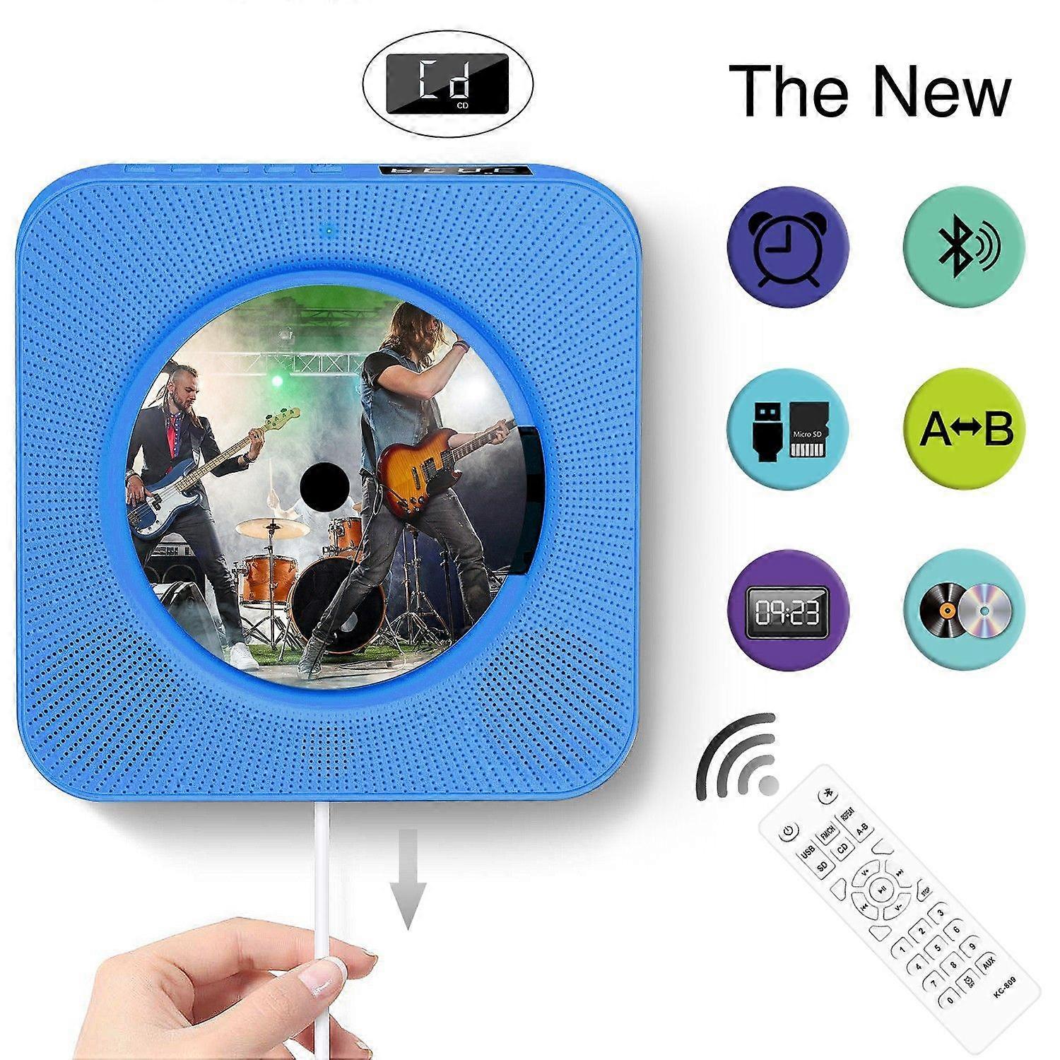 Portable Bluetooth CD Player Wall Mounted with Remote Control, Fm Radio and Built-in Hifi Speakers Blue