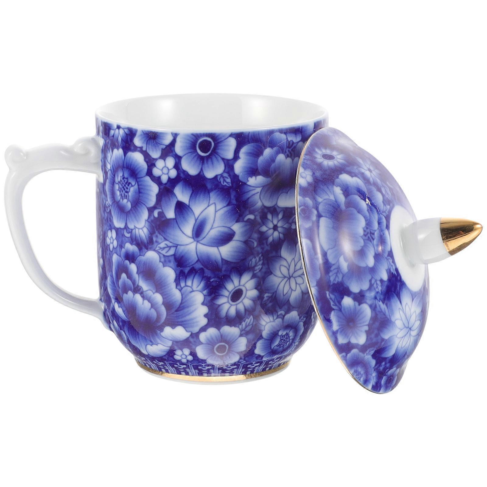 Vintage Style Ceramic Tea Cups with Lid for Loose Tea 2Pcs Blue