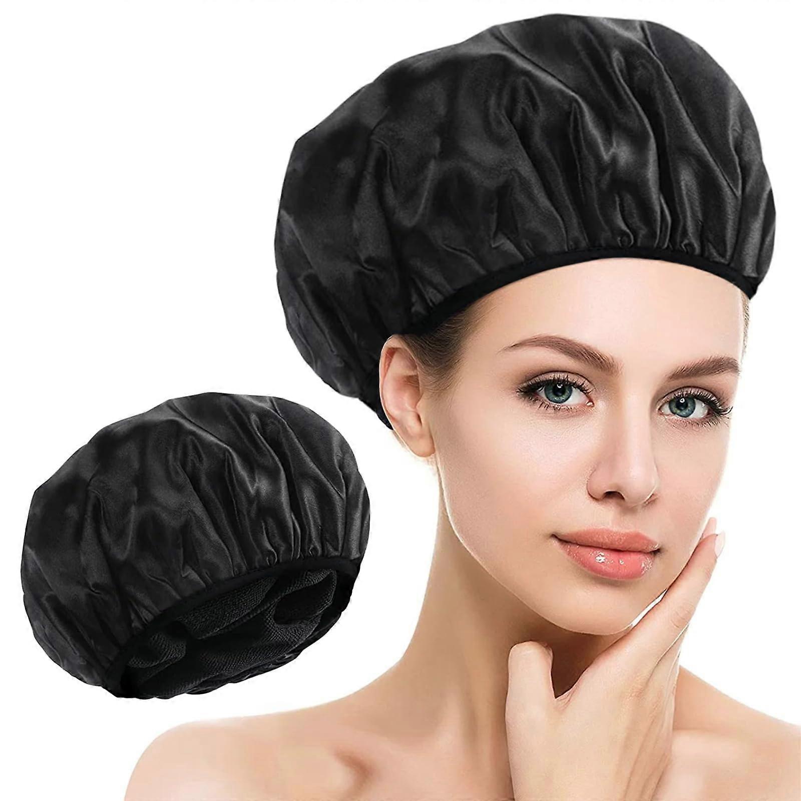 Shower Cap For Women Black Large Triple Layer Waterproof With Microfiber Liner Reusable For All Hair Lengths