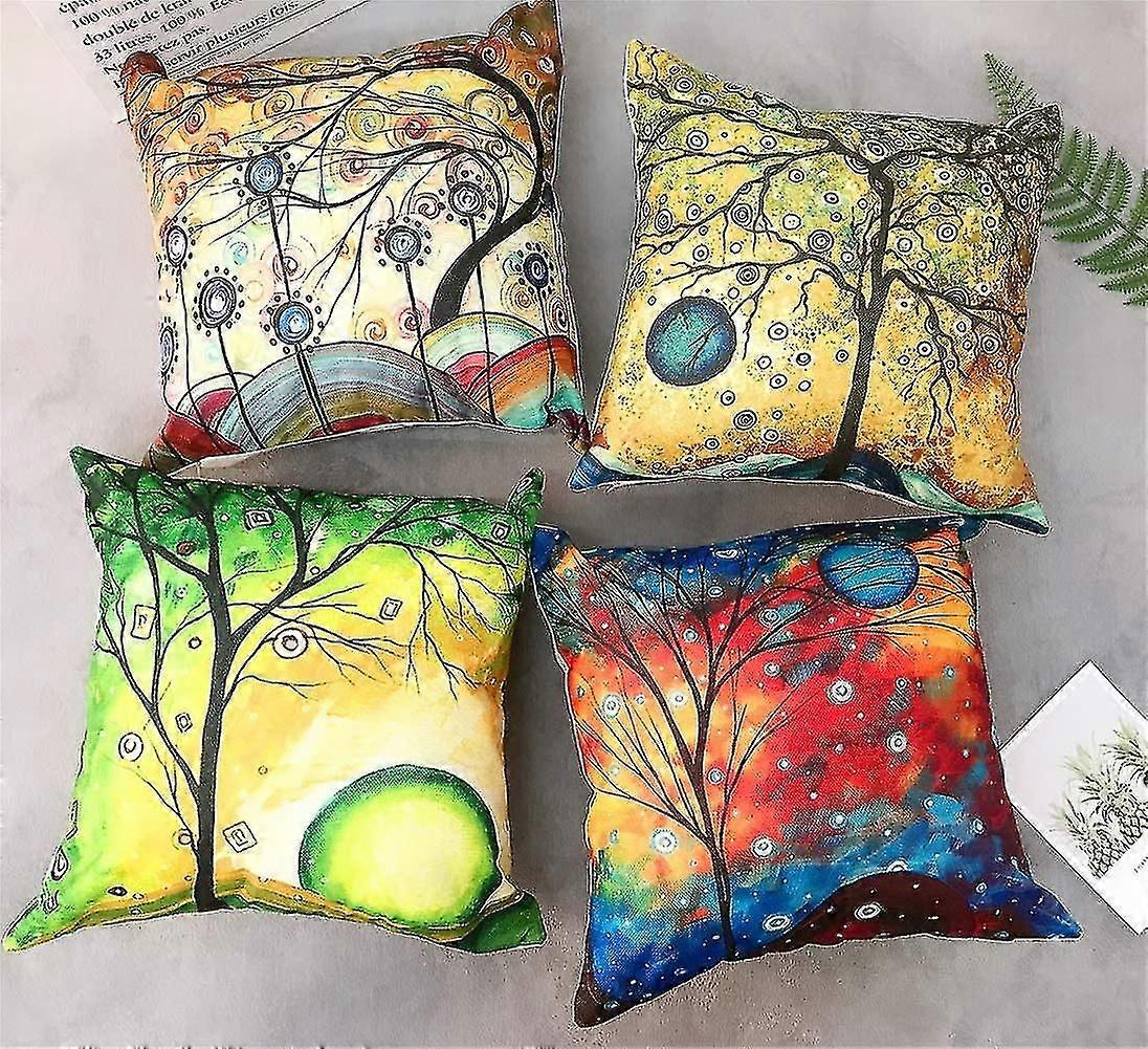 طقم من 4 أغطية وسائد ملونة بنمط قطن كتان وسائد 18 × 18 بوصة