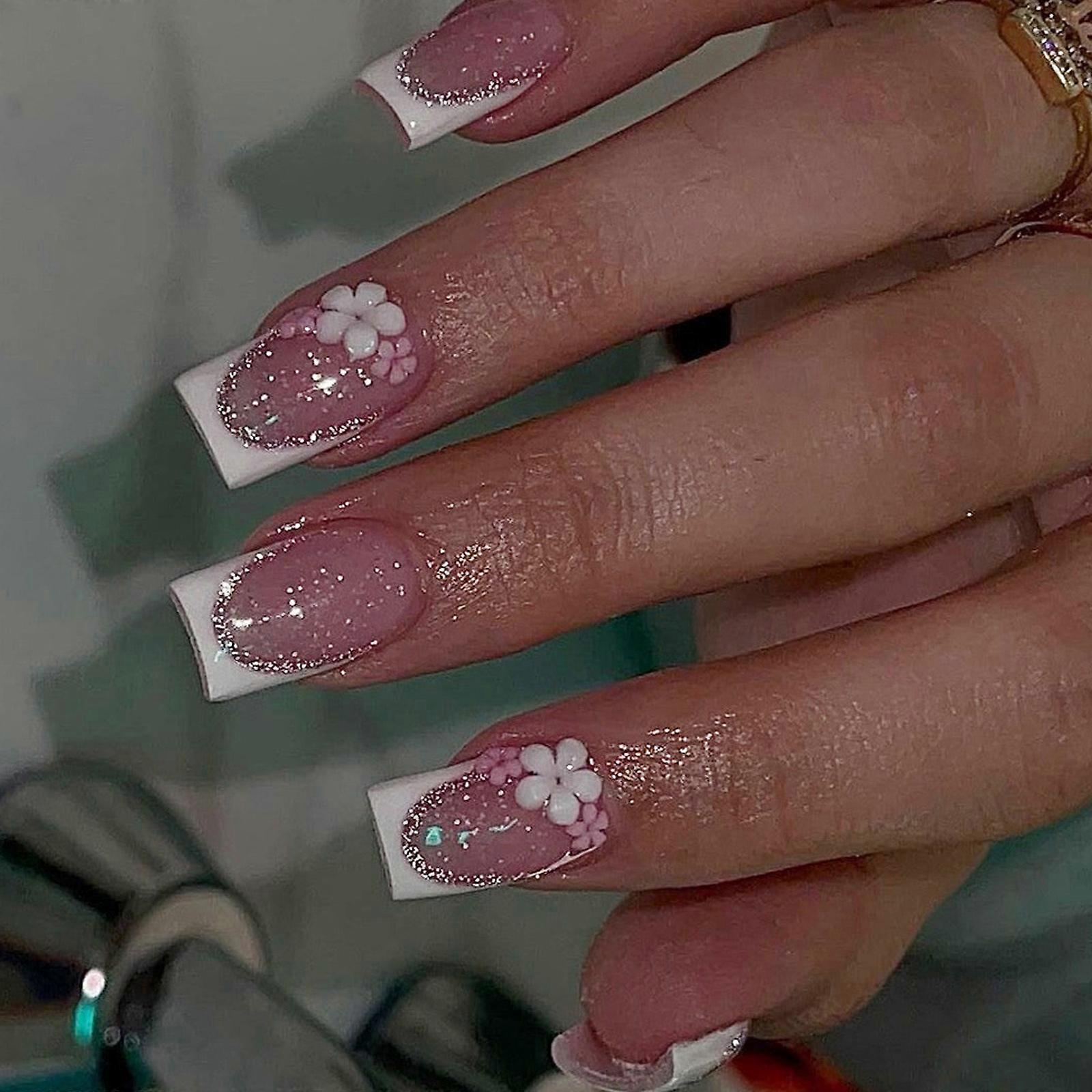 ネイルフラワーフェイクネイルスティックオンネイルスティックを12サイズでスクエアプレス、DIYネイルアートデコレーションマルチカラー用の24個フレンチネイルのヒント