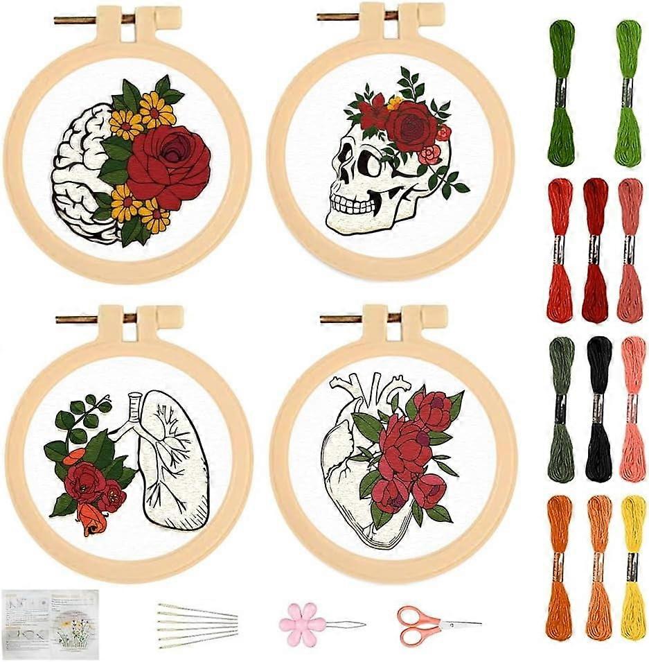 4 Sets Organs & Plants Embroidery Kit for Beginners, 3.7'' Mini Kit with Instructions, Cloth, Hoops, Threads, Tools – Compatible with Hand Stitching