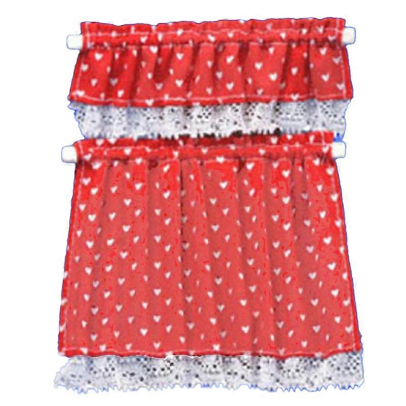 Dolls House Red White Hearts Curtain &amp; Pelmet Set On Rails Window Accessory