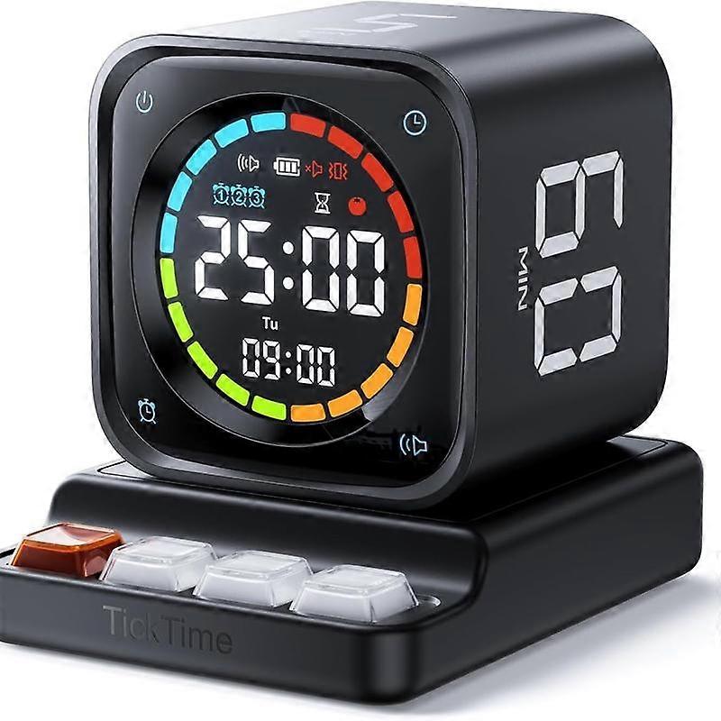 TK3 Pomodoro Timer Cube, Desk Productivity Timer with 5/10/30/60 Min Presets, Custom Countdown, Stopwatch, Clock, 3 Alarm, Silent, Vibrate &