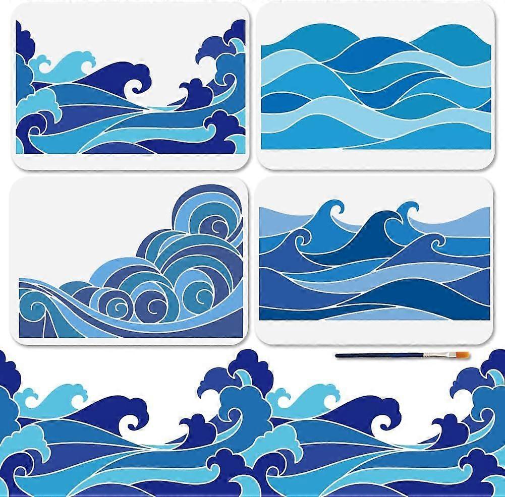 4Pcs Ocean Waves Stencil Reusable Dynamic Summer Seawater Stencils for Painting 11.78.3inch Sea Spray Art Craft Templates with Paint Brush for Window 