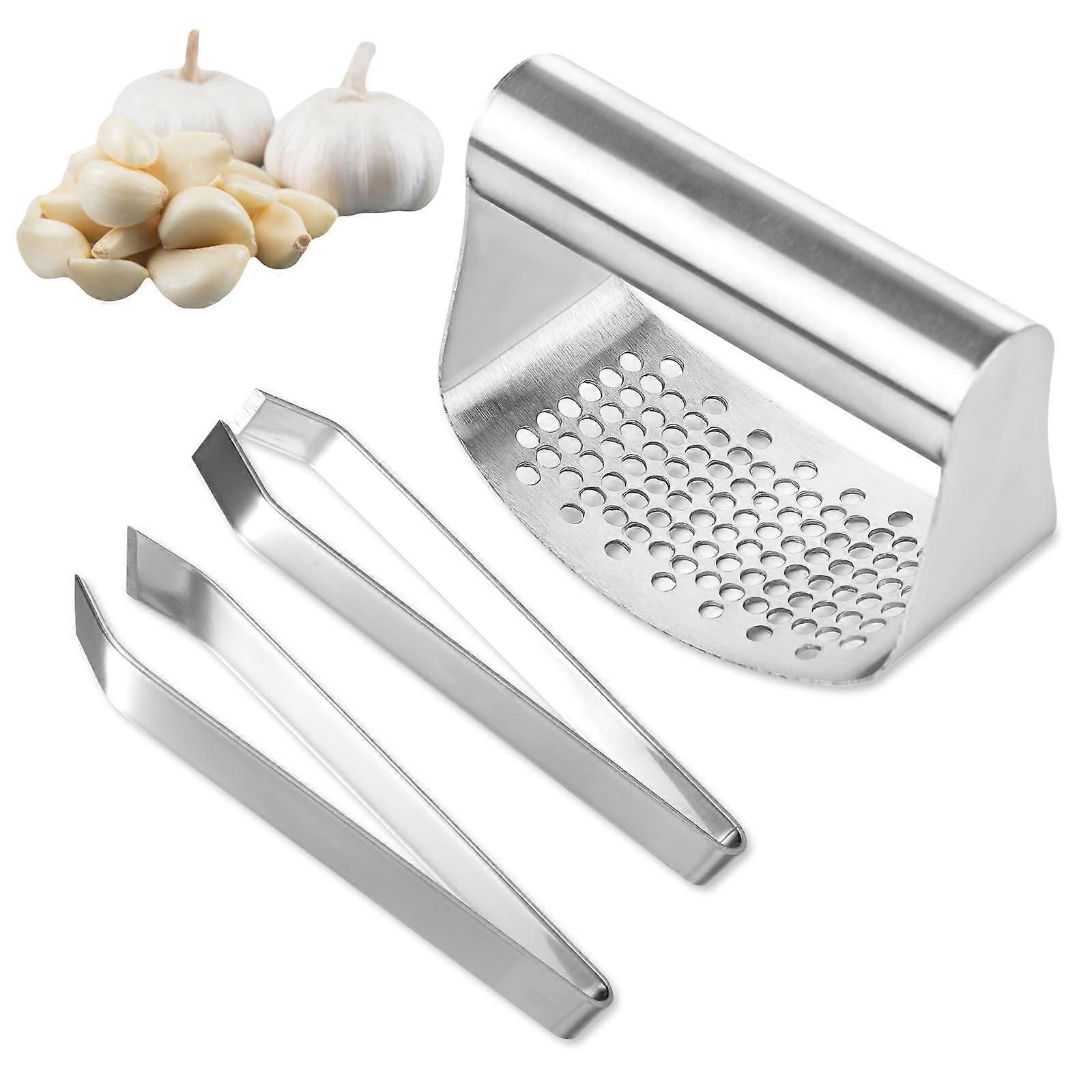 Garlic Press and Peeler Set Stainless Steel Crusher Mincer with Precision Tweezers for Kitchen