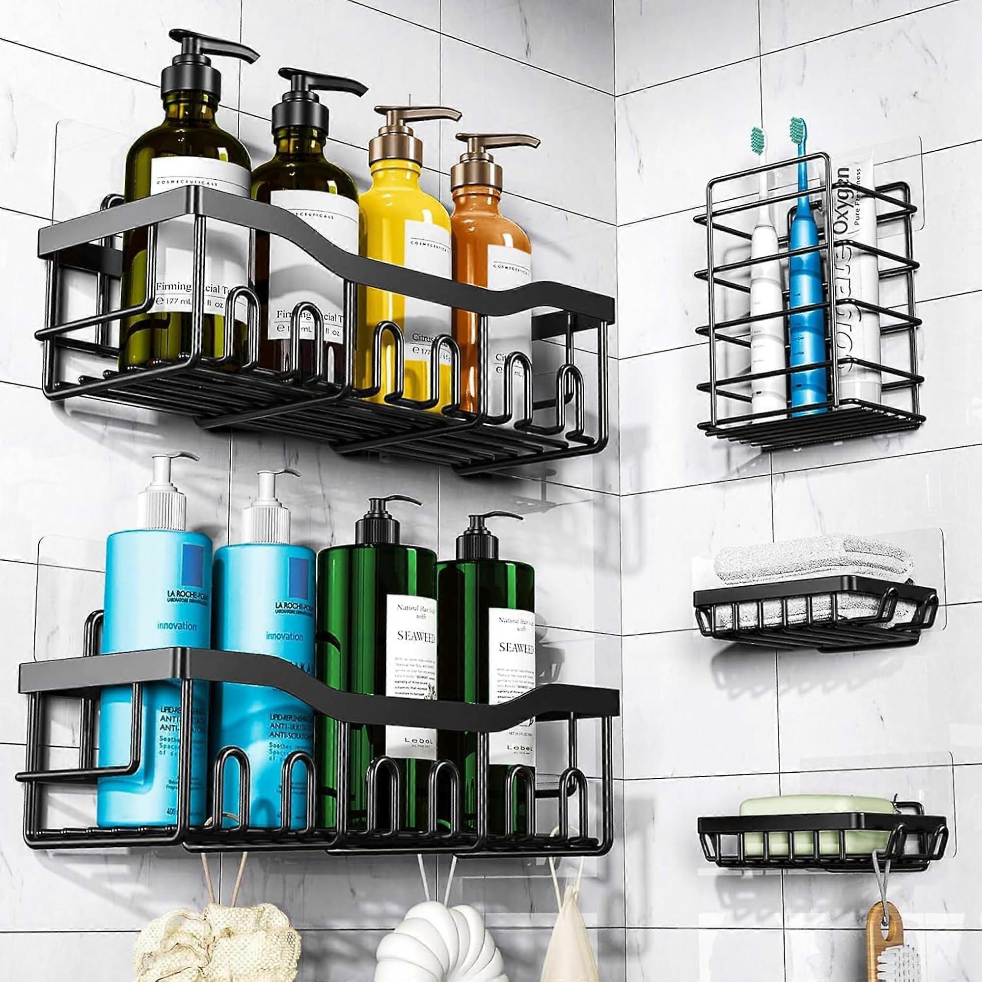 Shower Caddy Rustproof Adhesive Shelves, No Drilling Bathroom Organizer Set with 5 Large Racks, Matte Black