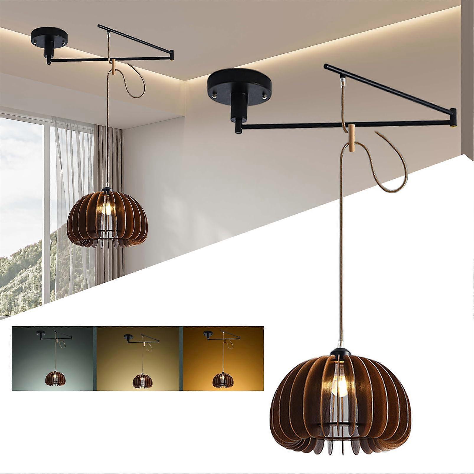 Swing Arm Pendant Light 360° Rotation Wood LED Chandelier 3 Color Height Adjustable for Kitchen Island Dining Room 11.8in Brown