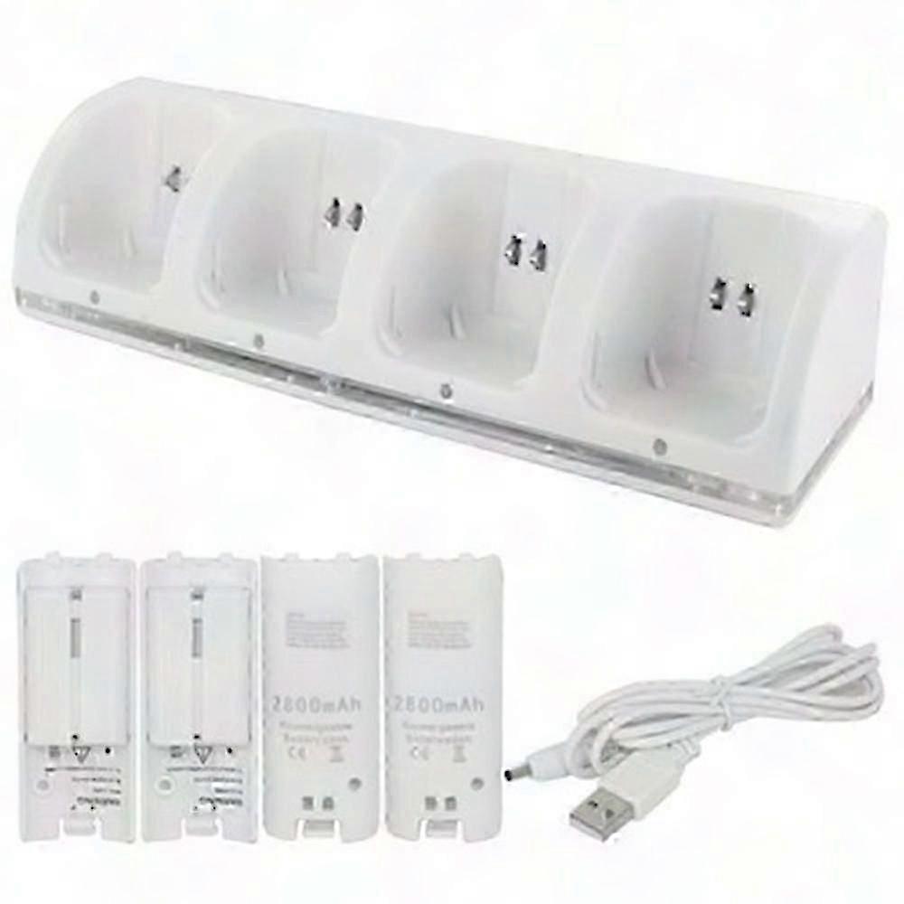 White Wii Remote Controller Charger, 4-in-1 Charging Dock with 4x 2800mAh Batteries for Wii & Wii U - Black