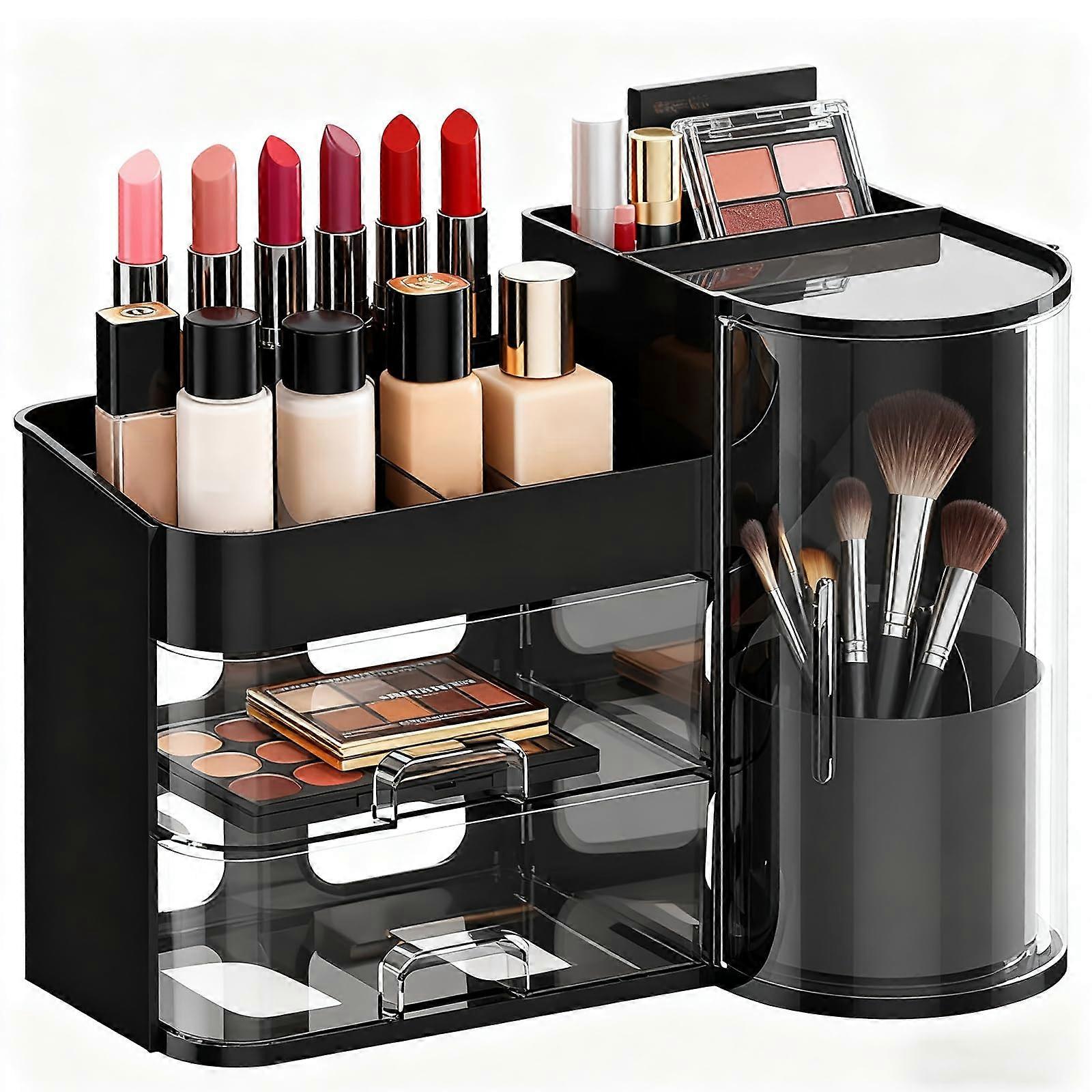 Rotating Makeup Organizer with Drawers, 360° Brush Holder and Transparent Lid for Vanity Cosmetics (Black)