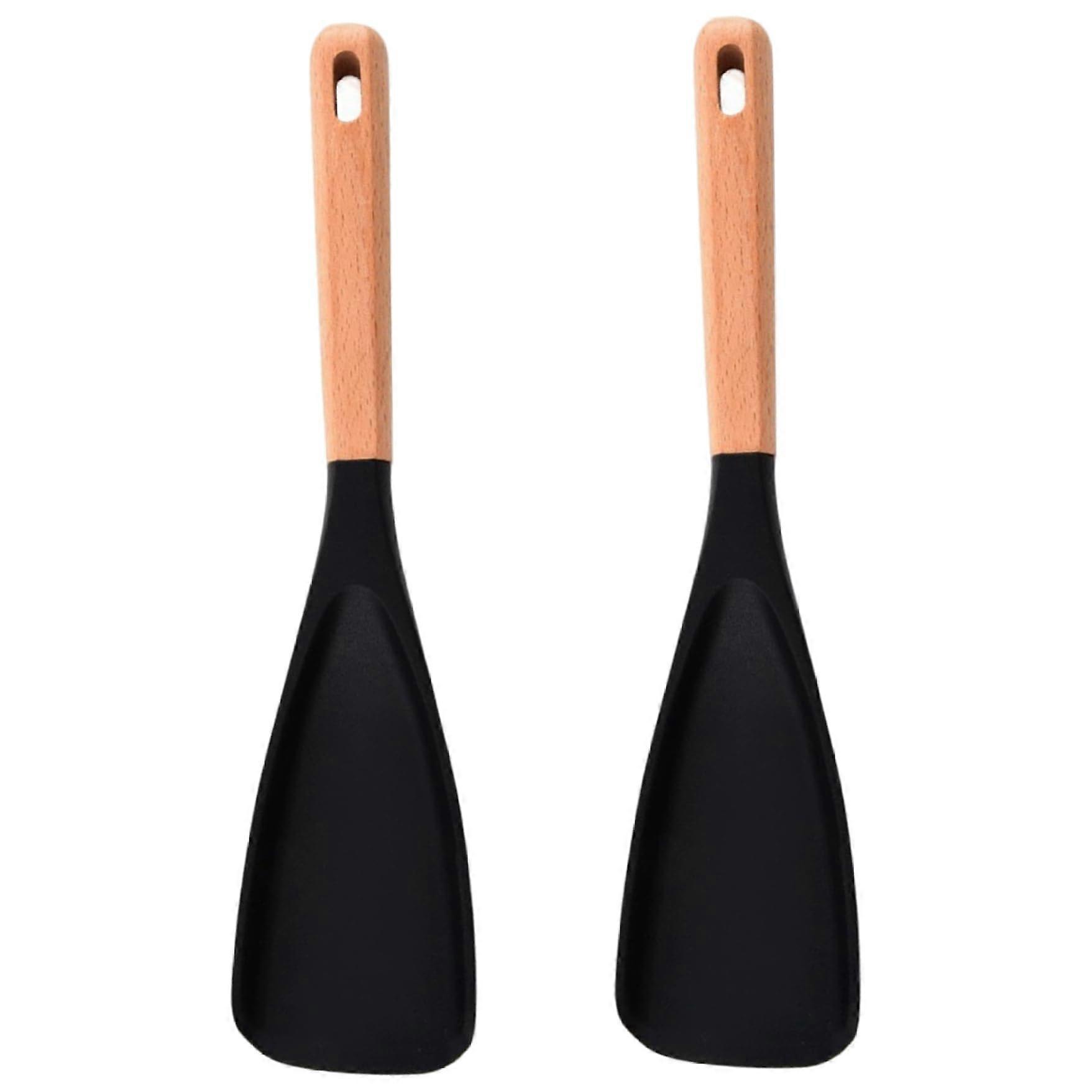 2Pcs Silicone Cooking Spoon with Wooden Handle, Heat Resistant Spatula Spoon for Nonstick Cookware