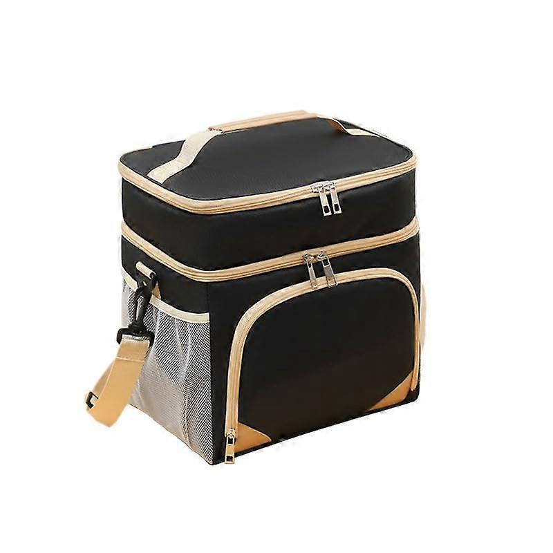 Insulated Oxford Cloth Lunch Bag with Expandable DoubleLayer Design, Leakproof Lining, Black