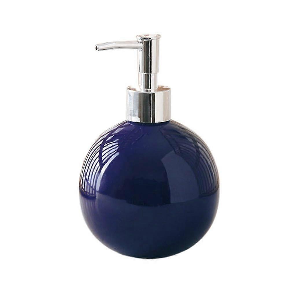 Ceramic Soap Dispenser with Elegant Silver Pump, Refillable Round Lotion Bottle for Bathroom Dark Blue