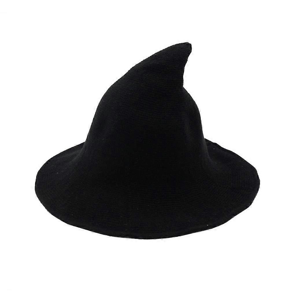 Knitted Wool Witch Hat with Foldable Brim for Halloween Party, Warm Black Pointed Design