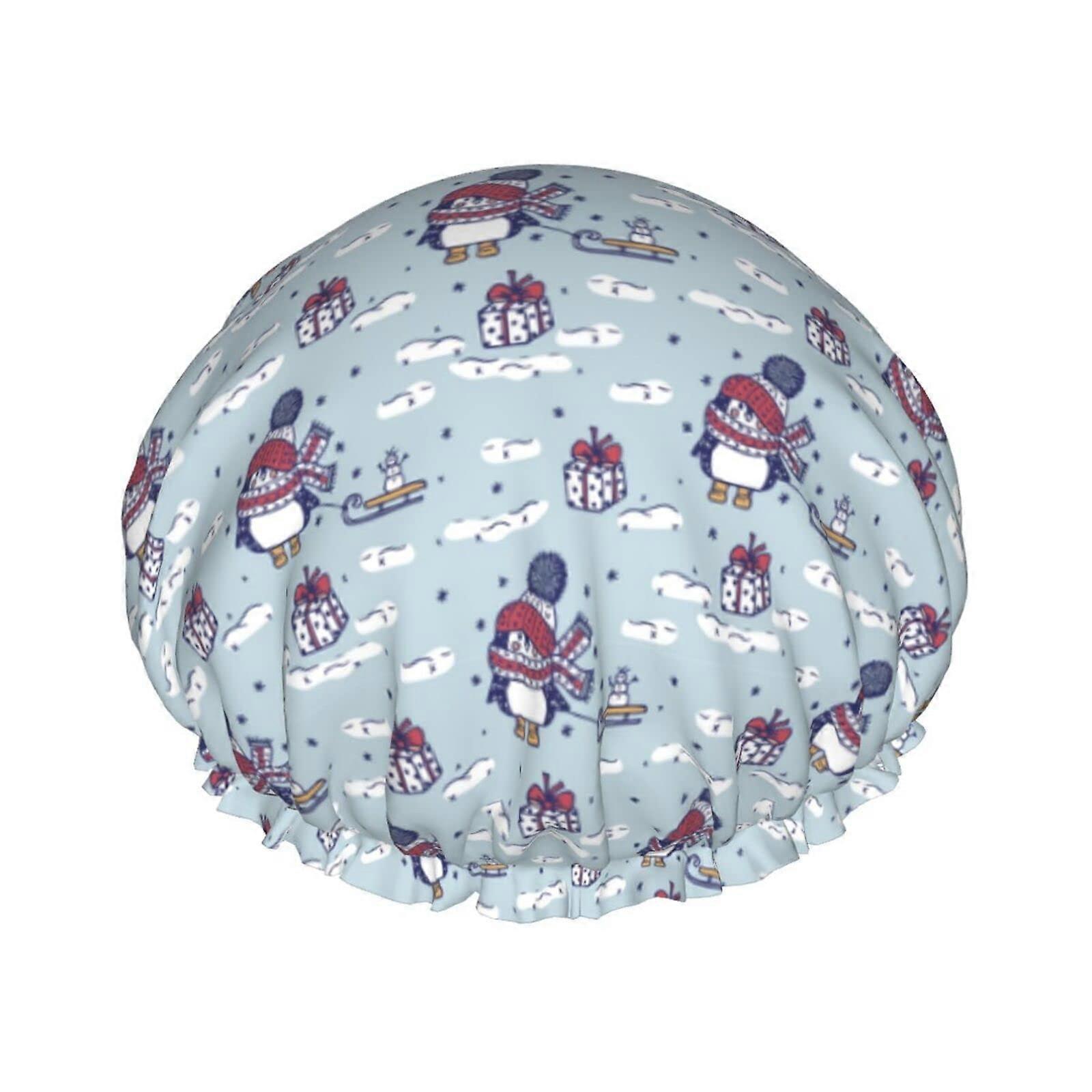 Reusable Shower Cap Waterproof Soft Lining Elastic Fit Cute Penguin Pattern for All Hair Types