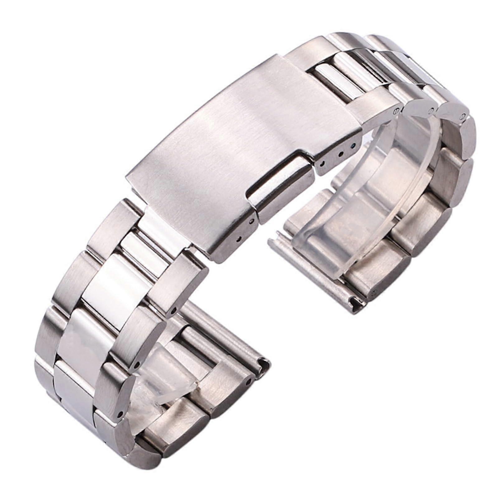 22mm Stainless Steel Watch Band Silver, Solid Links, Adjustable Fit Tool, Secure Clasp Design