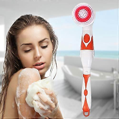 Electric Bath Brush with Long Handle, Waterproof Back Scrubber, 4 Replaceable Heads, Orange