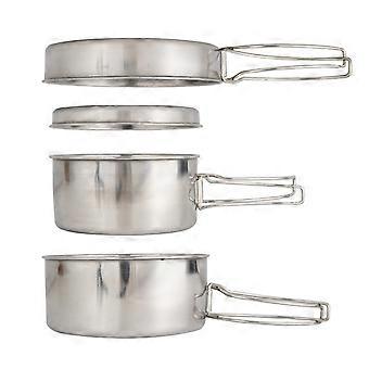 Conjunto de panelas de camping empilháveis ​​em aço inoxidável para 1 a 3 pessoas, incluindo panela, frigideira e prato.
