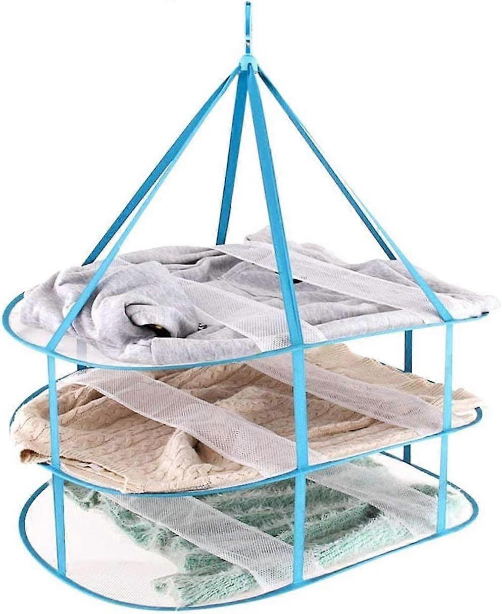 Portable 3 Tier Foldable Windproof Mesh Basket for Drying Sweaters Lying Down(Blue)