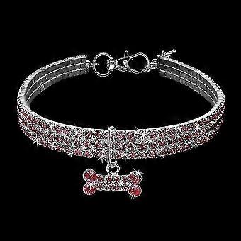 Pet Bone Collar, 3 Rows Rhinestones Crystal Elastic Necklace