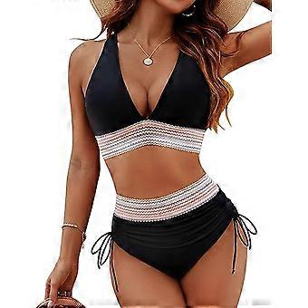 Women'S 2 Piece Bikini High Waist Slimming Halter Neck Swimsuit Black