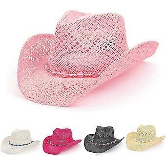 Sombrero vaquero de paja Z7 para mujer con ribete de cuentas y ala moldeable, rosa claro, talla única.