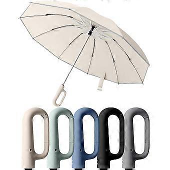 Windproof Travel Umbrella Beige Reverse Folding Design with Carabiner Clip and Reflective Safety Trim