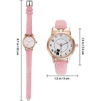 Girls Wrist Watches, Analogue Quartz Watch with Leather Strap, Cute Cat Wrist Watch for Girls Kids