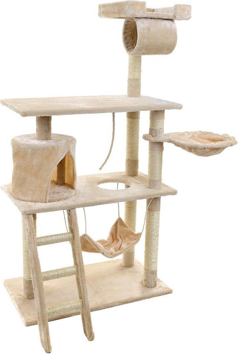 Scratching post & playhouse - cats - beige - 140 cm high - with hammock