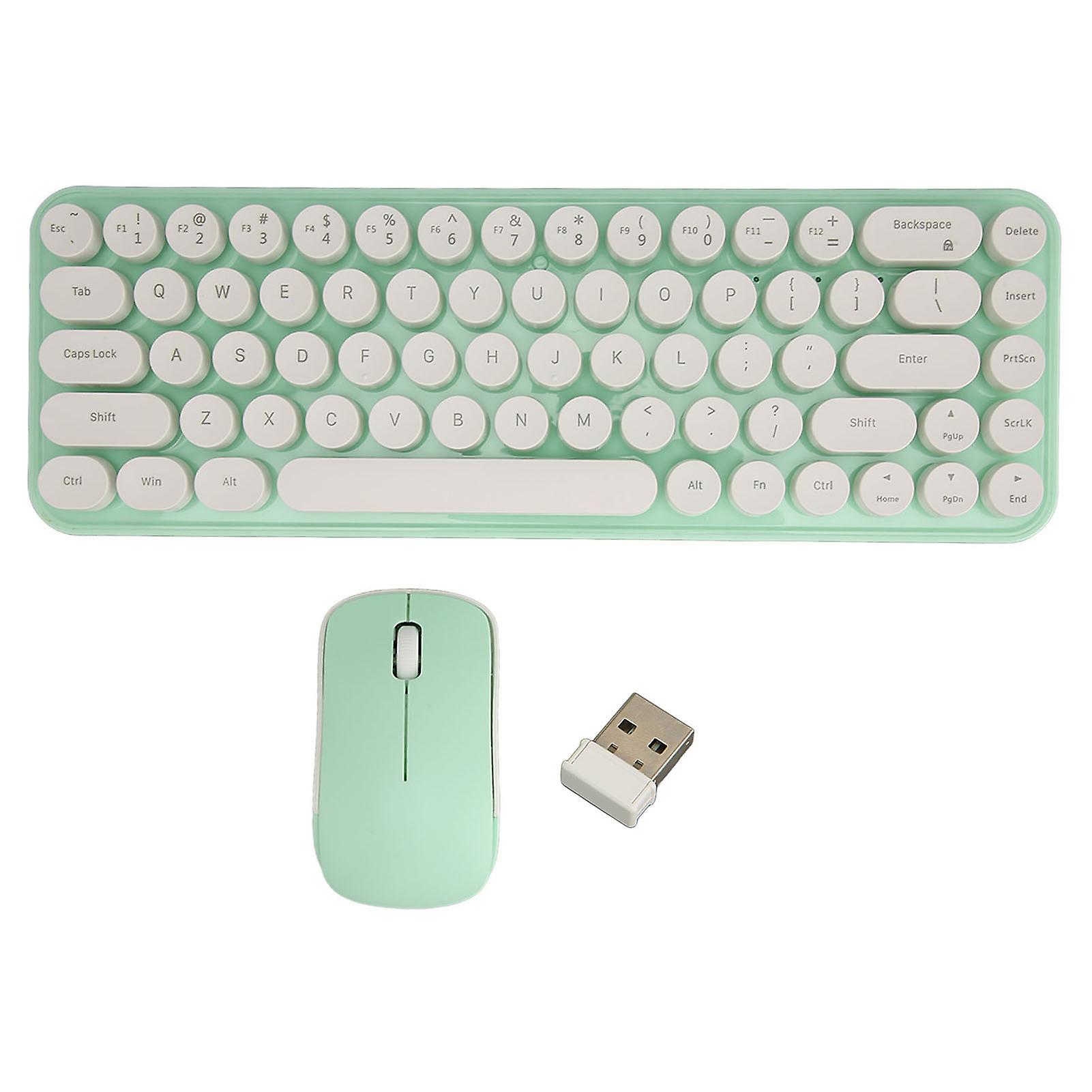Wireless Keyboard Mouse Combo Mini Retro Silent 2.4G 68 Keys Office Set White Green