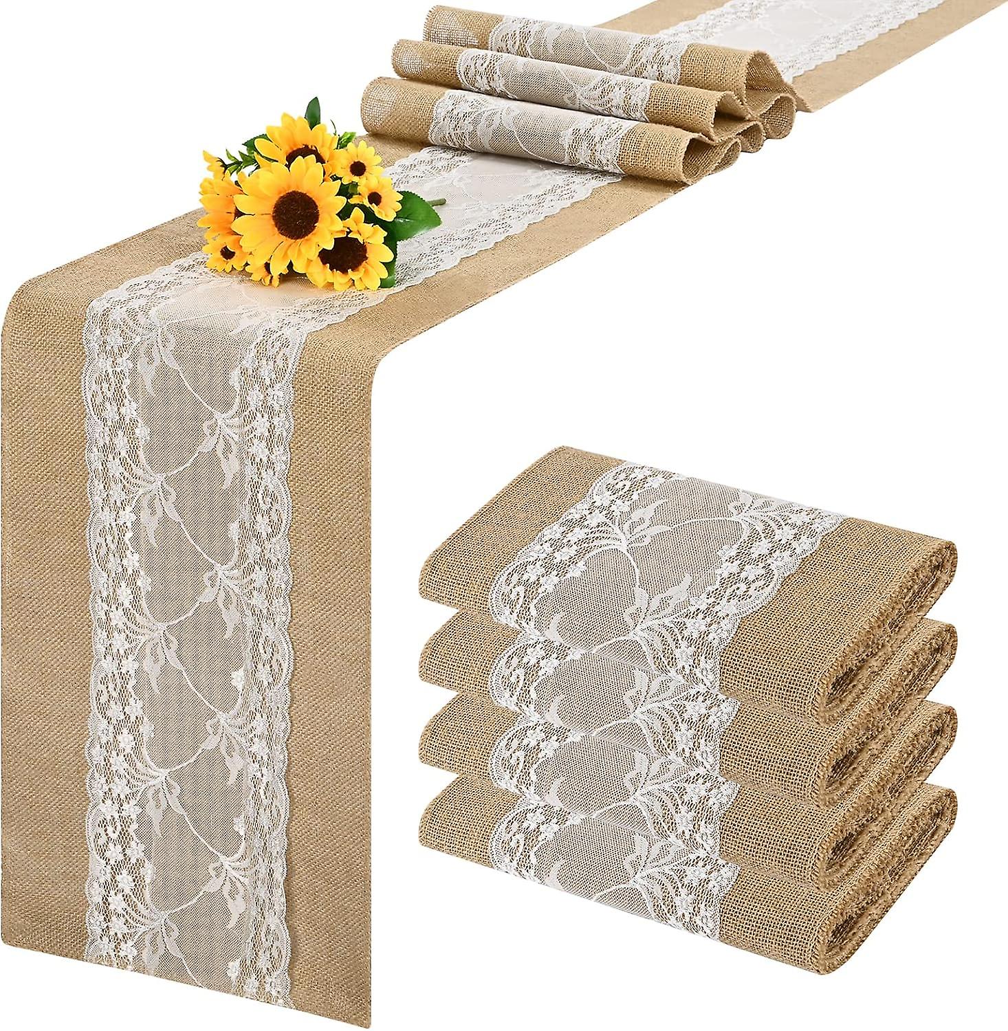 Rustic jute table runner with white lace, stain resistant