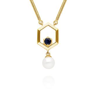 Modern Pearl & Sapphire Hexagon Drop Necklace in Gold...