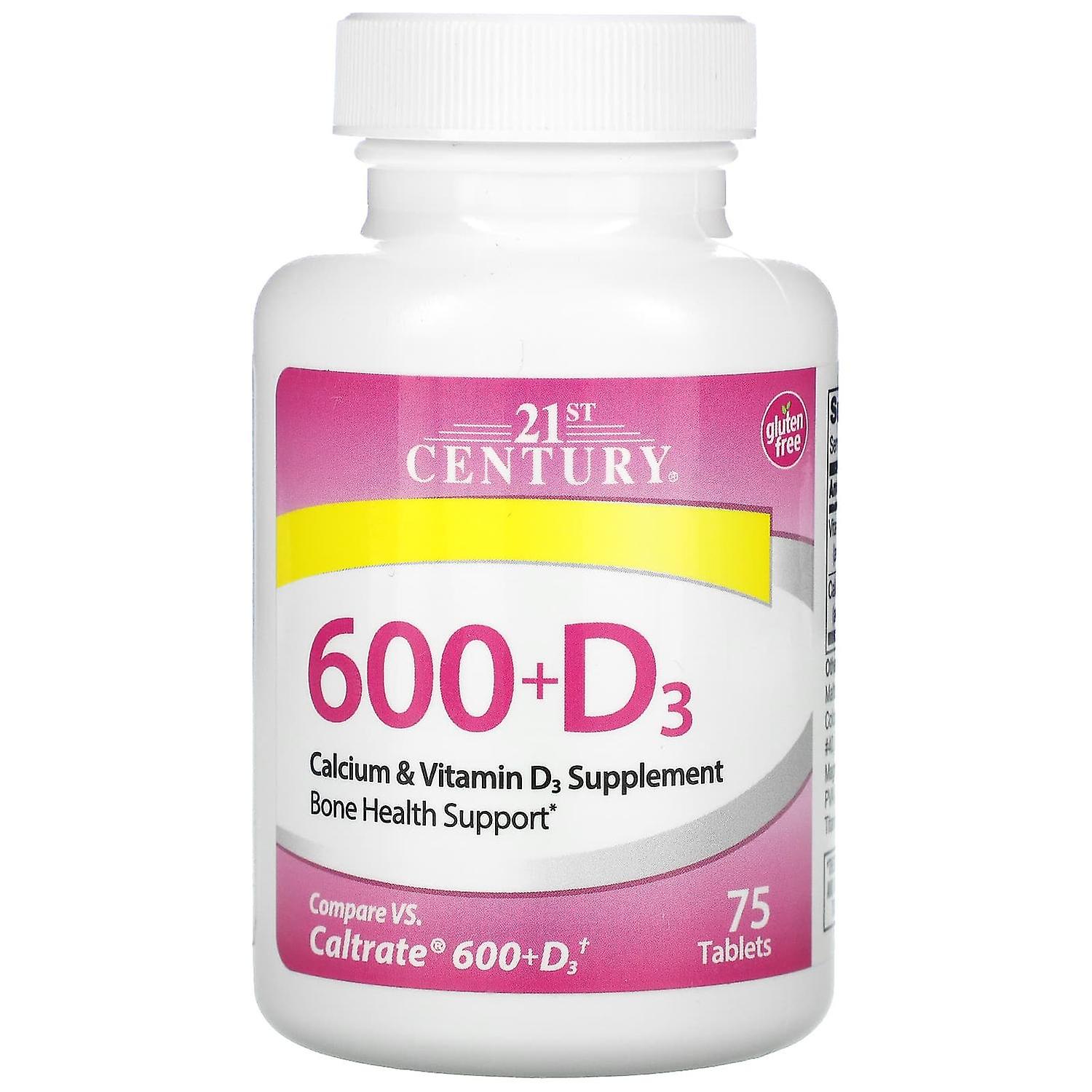 Supplément 21st Century, 600+D3, Calcium & Vitamin D3, 75 Comprimés