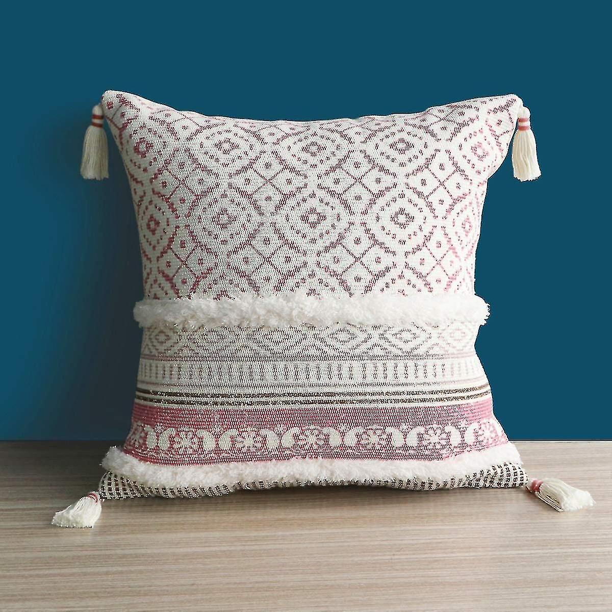 Boho Square Geometric Knitted Cushion Cover with Pompom Tufting