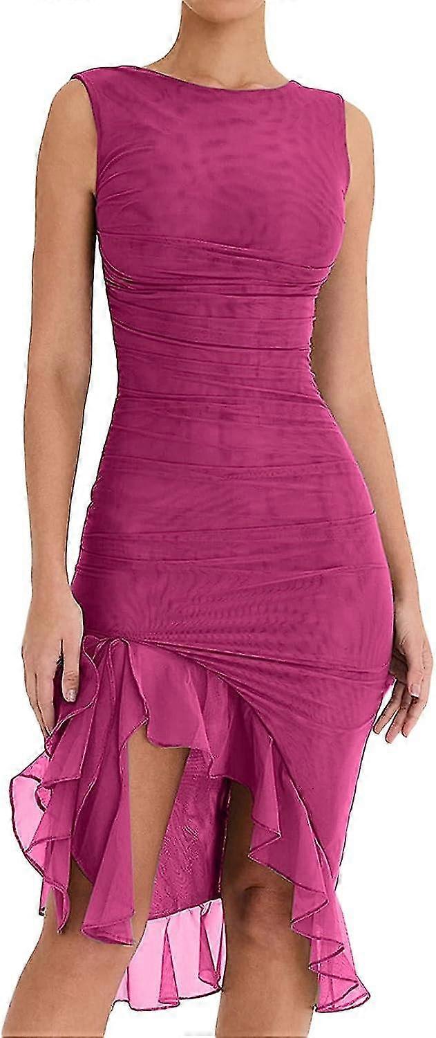 Women's Elegant Bodycon Midi Dress Sleeveless Mesh Frill Hem Mermaid Tail Summer Tank Dress Cocktail Party