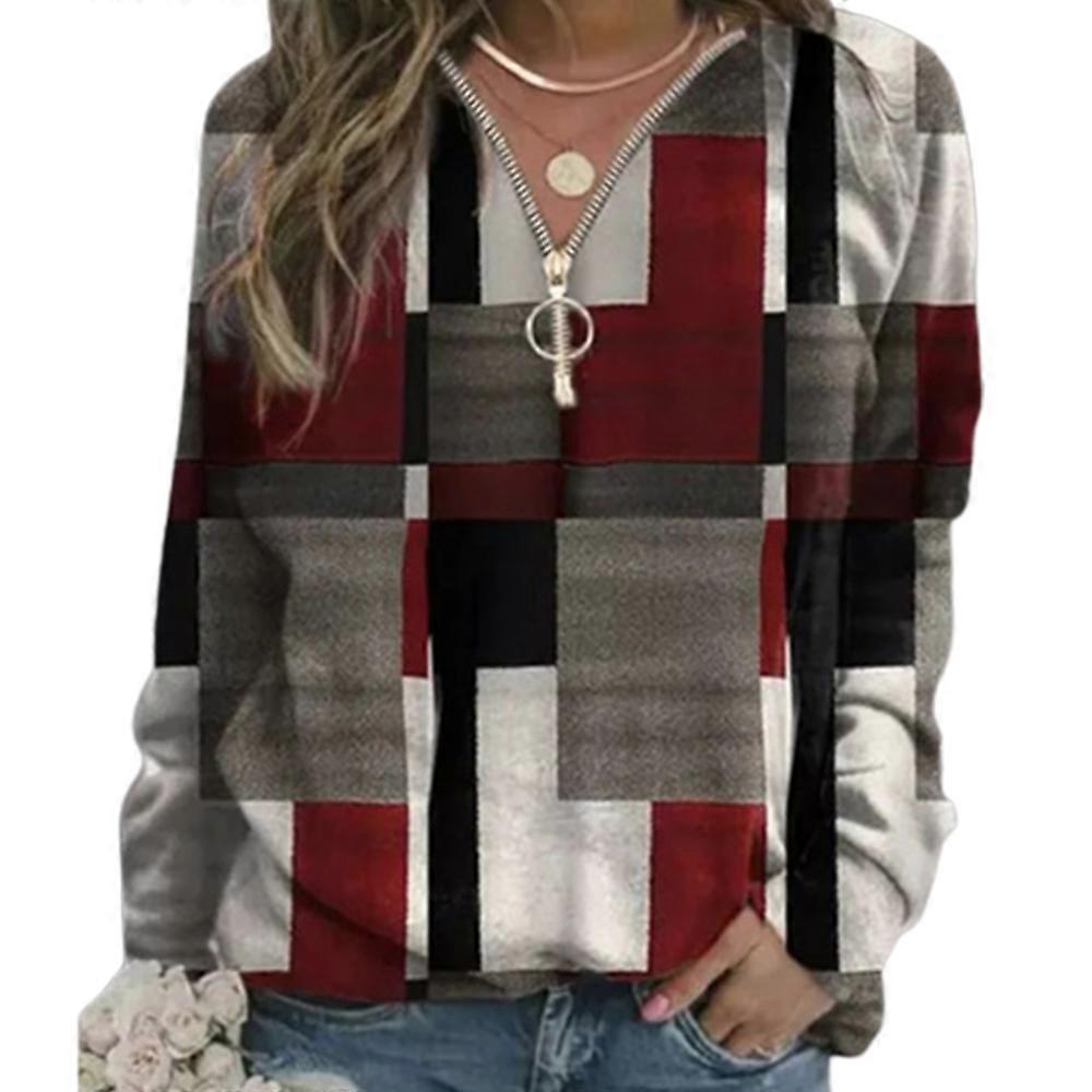 Women\'s Top Plaid Sweatshirt Thickened V-Neck Half Zip Pullover Jacket Outerwear