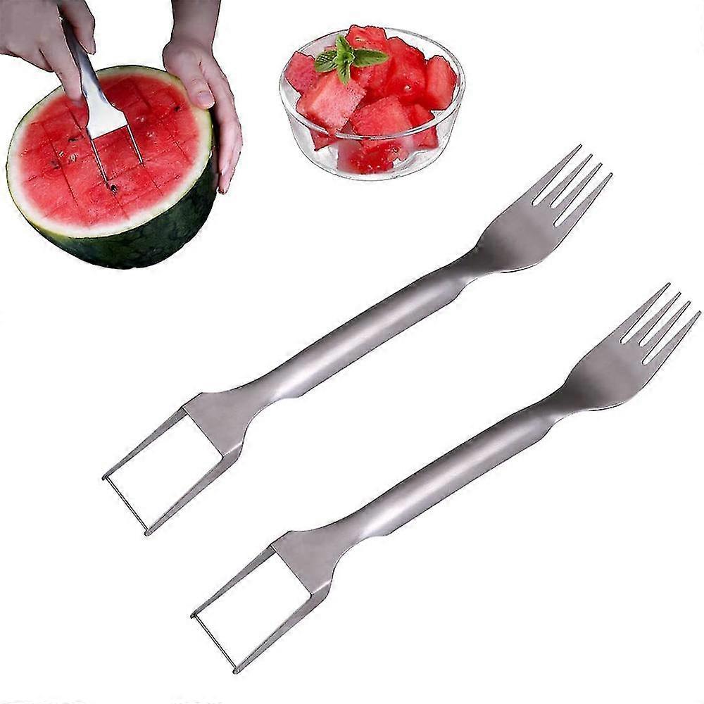 2-in-1 Watermelon Fork Slicer, Stainless Steel Watermelon Slicer Cutter Fruit Cutting Fork, Portable Dual Head Easy To Use Fruit Forks Slicer Knife