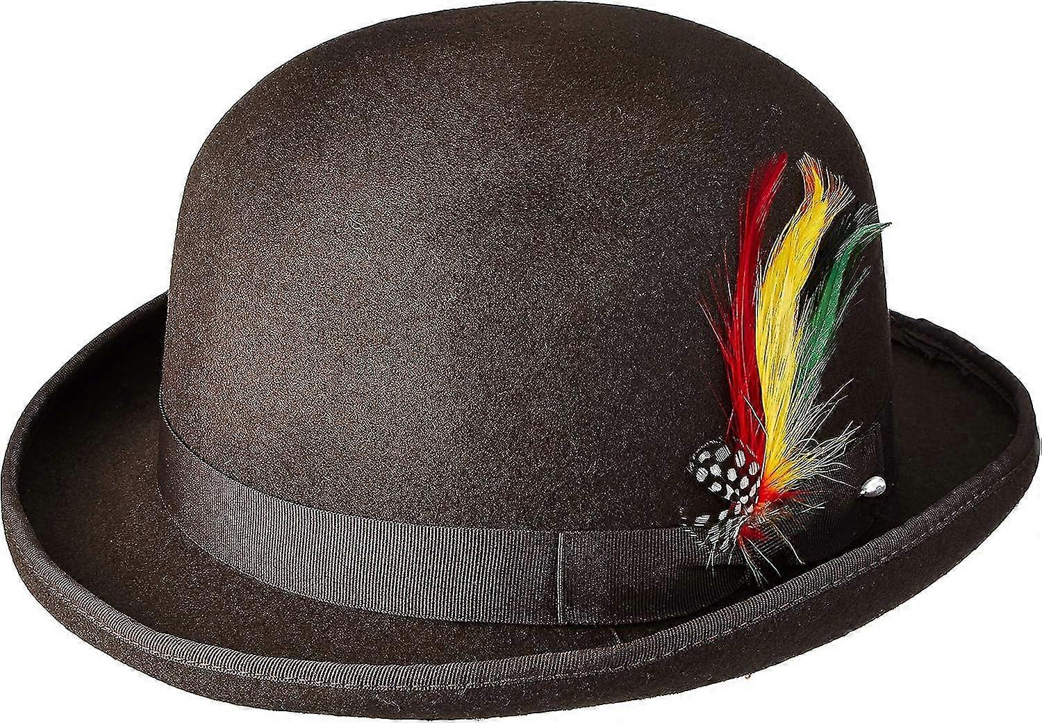 Unisex Hard Top Wool Bowler Hat With Feather Satin Lined Sizes S To Xl